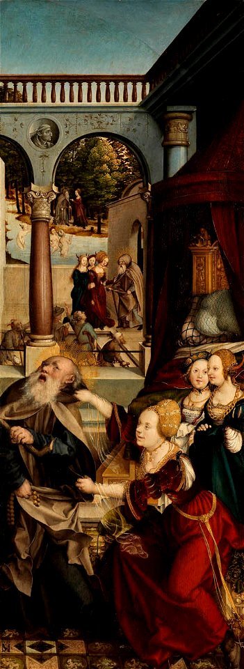 Martin Schaffner - Der hl. Antonius, versucht von drei Teufeln in Frauengestalt, Salemer Altar Tafel 3 - 2901 - Staatliche Kunsthalle Karlsruhe