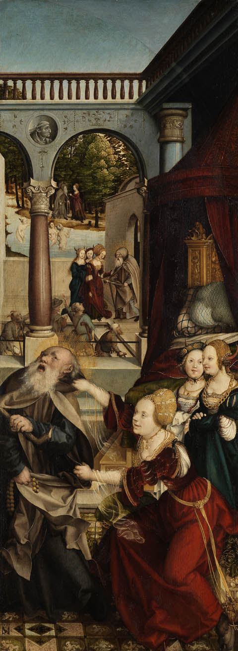 Martin Schaffner - Der hl. Antonius, versucht von drei Teufeln in Frauengestalt, Salemer Altar Tafel 3 - 2901 - Staatliche Kunsthalle Karlsruhe