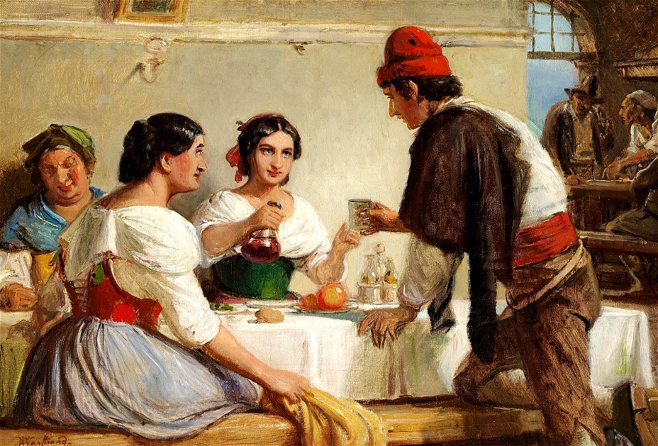 Vilhelm Marstrand - Piger, der skænker vin for en ung mand. Studie