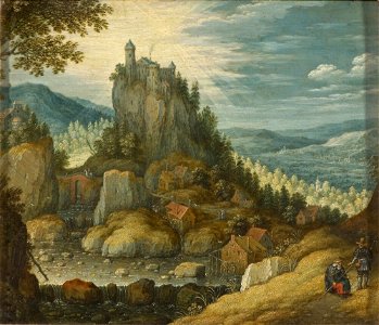 Marten Rijckaert - Mountain Landscape with a Castle (Christ on the Road to Emmaus) - NM 6737 - Nationalmuseum. Free illustration for personal and commercial use.