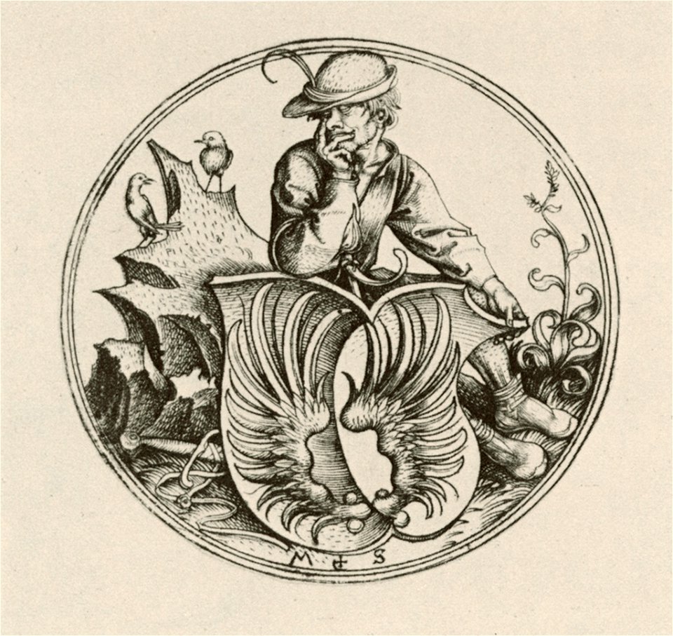 Martin Schongauer - Wappenschild mit Flug, von einem Bauern gehalten (L 101)