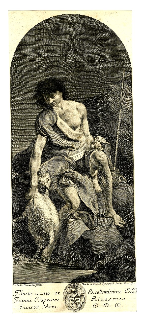 Martin Schedel - St John the Baptist seated on rocks by water in animal skins, fondling a sheep and carrying a ribbon with 'Ecce Agnus Dei', after a painting by Piazzetta, 1951,0714.273
