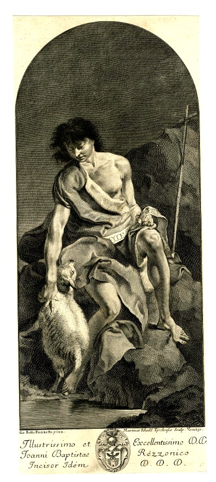 Martin Schedel - St John the Baptist seated on rocks by water in animal skins, fondling a sheep and carrying a ribbon with 'Ecce Agnus Dei', after a painting by Piazzetta, 1951,0714.273