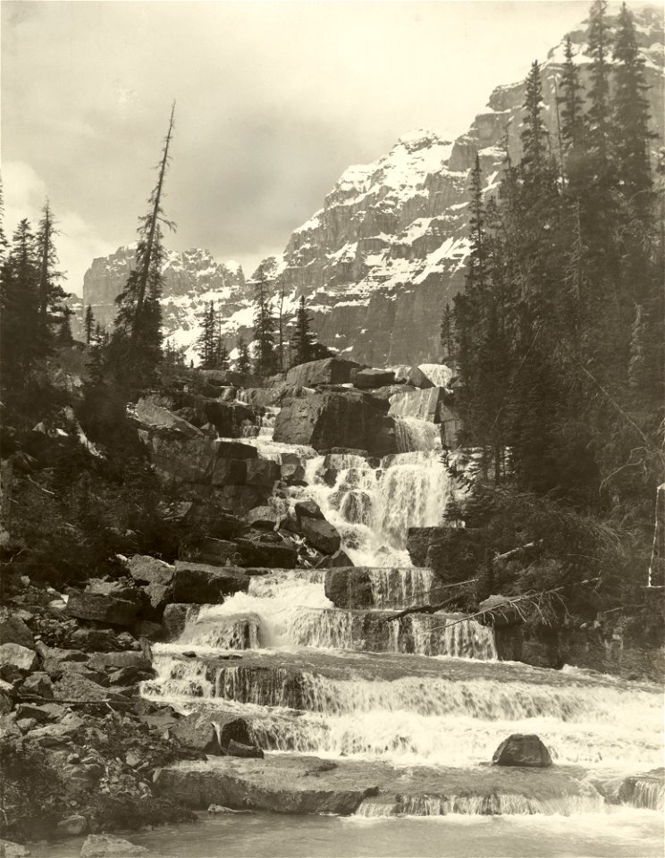 Mary Vaux Walcott - A stepped waterfall with Mount Temple and Mount Hungabee