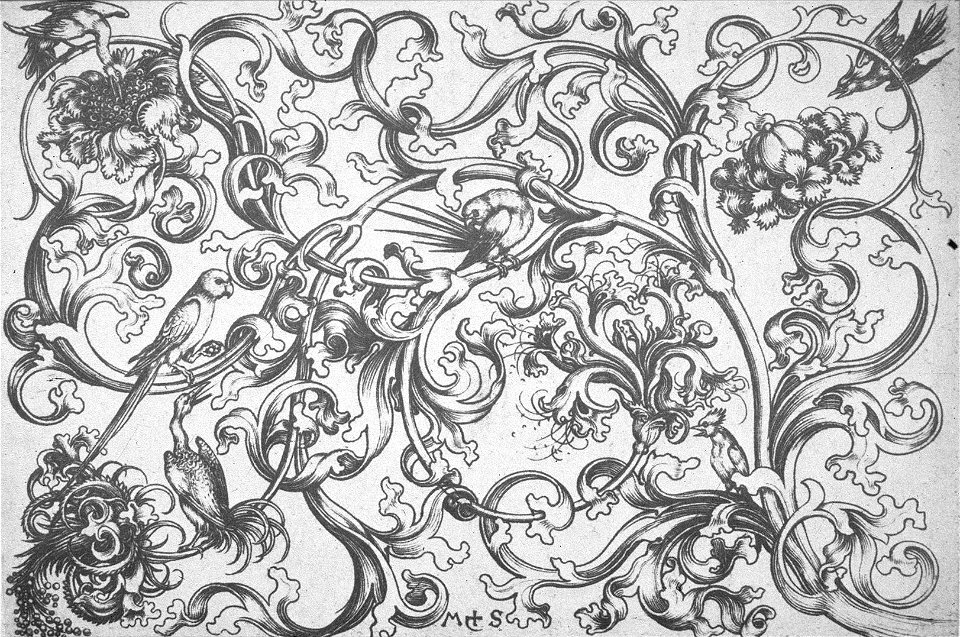 Martin Schongauer, Querfüllung mit Papageien und Vögeln (L 109)