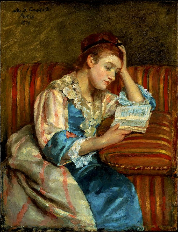 Mary Cassatt, 1876 - Mrs Duffee seated on a striped sofa, reading