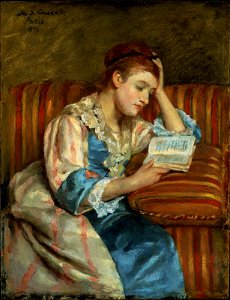 Mary Cassatt, 1876 - Mrs Duffee seated on a striped sofa, reading