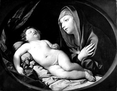 María inclinada ante el Niño Jesús dormido - Guido Reni. Free illustration for personal and commercial use.