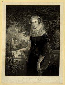 Mary, Queen of Scots, three-quarter length portrait, standing, facing left; castle in background LCCN96512949