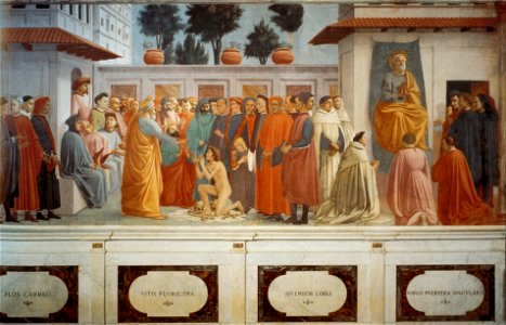 Masaccio. Raising of the Son of Teophilus and St. Peter Enthroned. fresco.