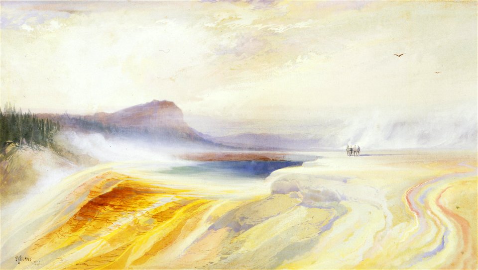 Thomas Moran - Great Blue Spring of the Lower Geyser Basin, Firehole River, Yellowstone (1872). Free illustration for personal and commercial use.