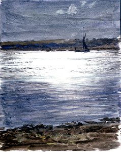 Moonlit scene with vessel silhouetted on water and land behind RMG PU9804