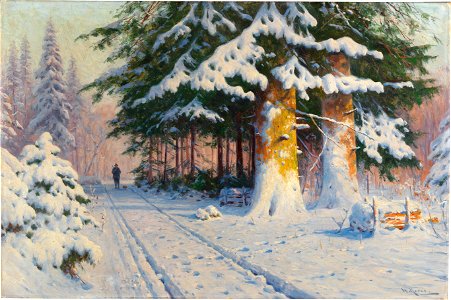 Walter Moras - Hunter Returning Home in a Winter Woodland. Free illustration for personal and commercial use.