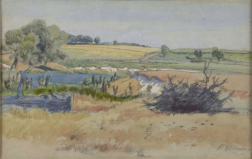 Landscape with Rolling Meadows by Peter Moran, mixed media