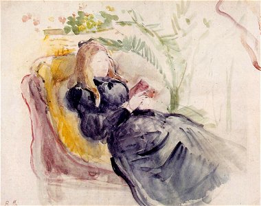 Morisot - julie-manet-reading-in-a-chaise-lounge. Free illustration for personal and commercial use.