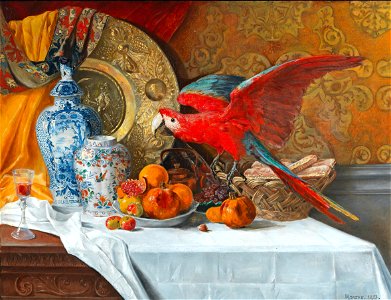 Adrien Moreau Großes Stillleben mit Papagei 1872