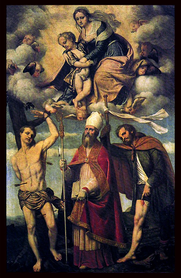 Alessandro Bonvicino (also Buonvicino) (c. 1498 – December 22, 1554), more commonly known as Moretto, or in Italian Il Moretto da Brescia (1498-1555), Madonna col Bambino in gloria con i santi Rocco, Zenone e San Sebastiano