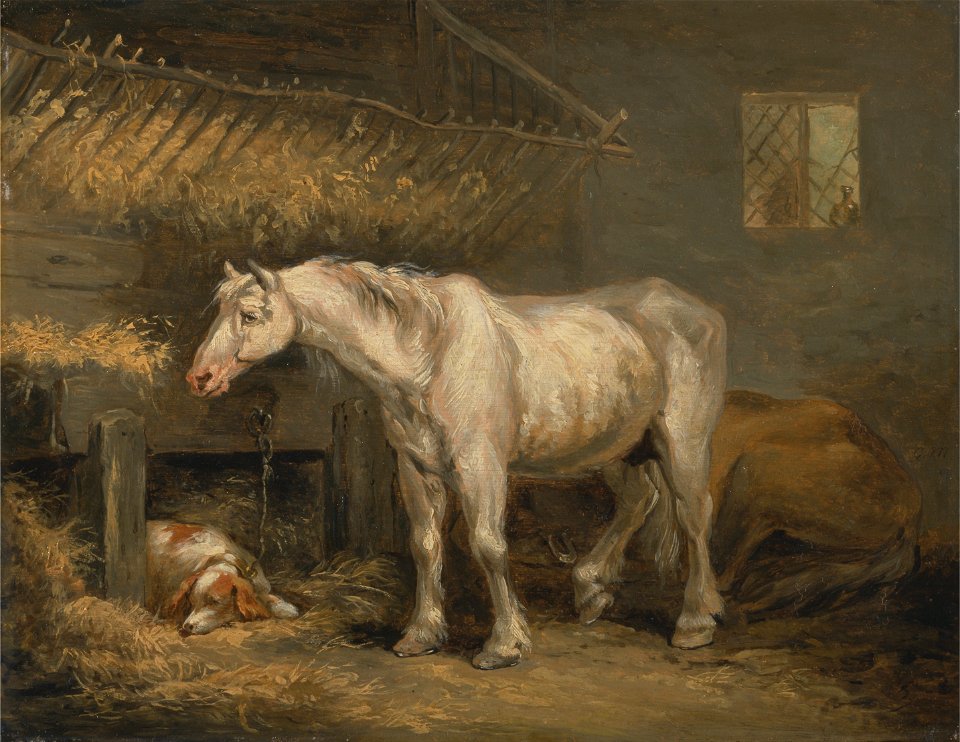 George Morland - Old horses with a dog in a stable - Google Art Project