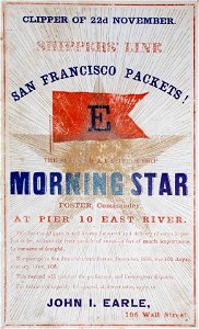 MORNING STAR Clipper ship sailing card, William Low Foster, commander. Free illustration for personal and commercial use.