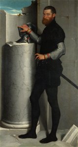 Giovanni Battista Moroni - Portrait of a Gentleman with his Helmet on a Column Shaft - Google Art Project