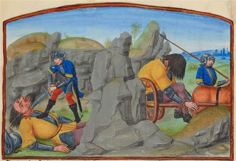 Mort de Grimault - Transport du corps de Grimault (BNF ms fr 24383, fol 36r Roman de Melusine-Coudrette)