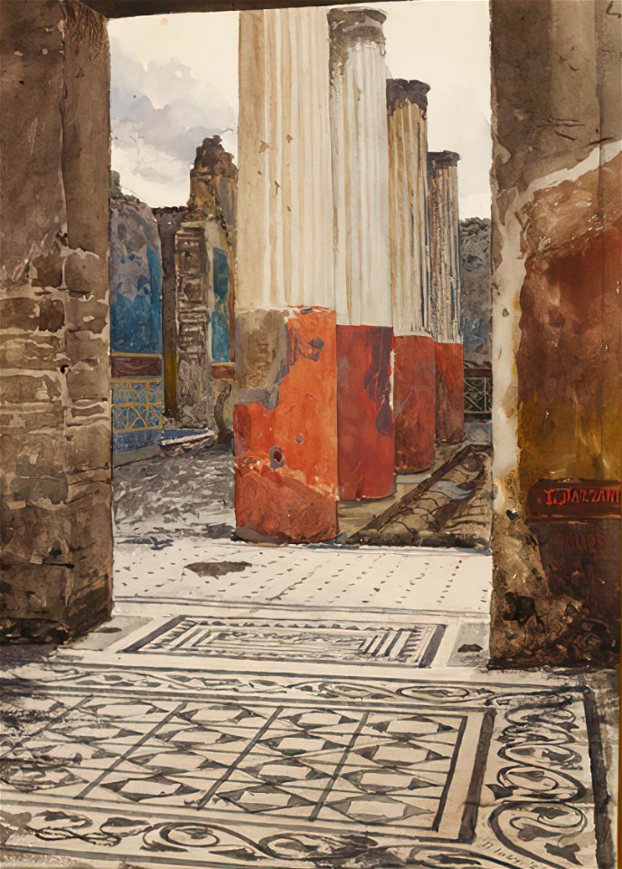 Mosaic floor leading to a frescoed peristyle in Pompeii watercolor by Luigi Bazzani