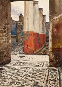 Mosaic floor leading to a frescoed peristyle in Pompeii watercolor by Luigi Bazzani