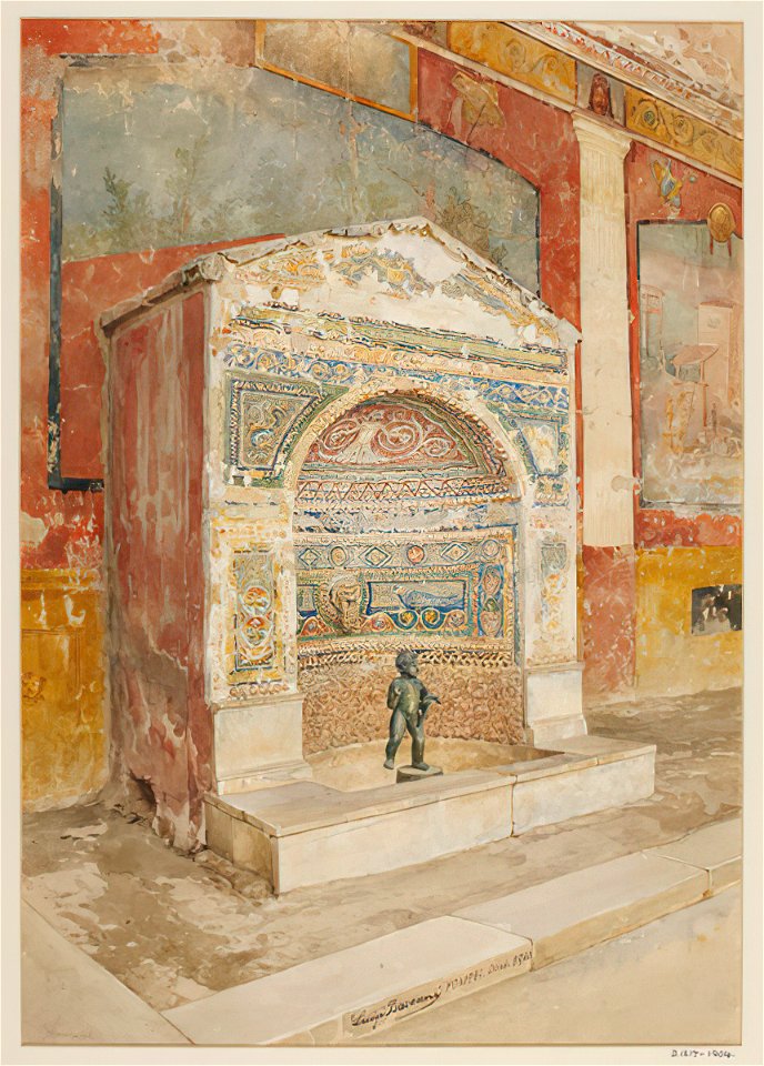 Mosaic fountain with Eros figurine in Pompeii watercolor by Luigi Bazzani
