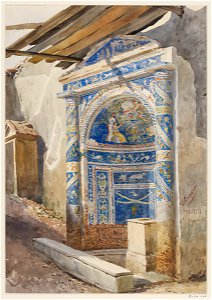 Mosaic Fountain niche in Pompeii watercolor by Luigi Bazzani