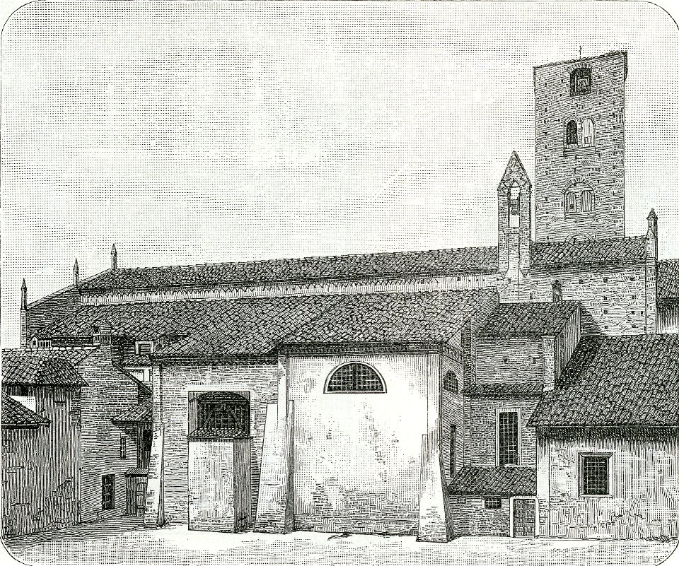 Mortara parte laterale della chiesa di San Lorenzo xilografia