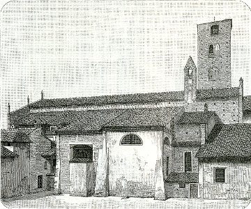 Mortara parte laterale della chiesa di San Lorenzo xilografia