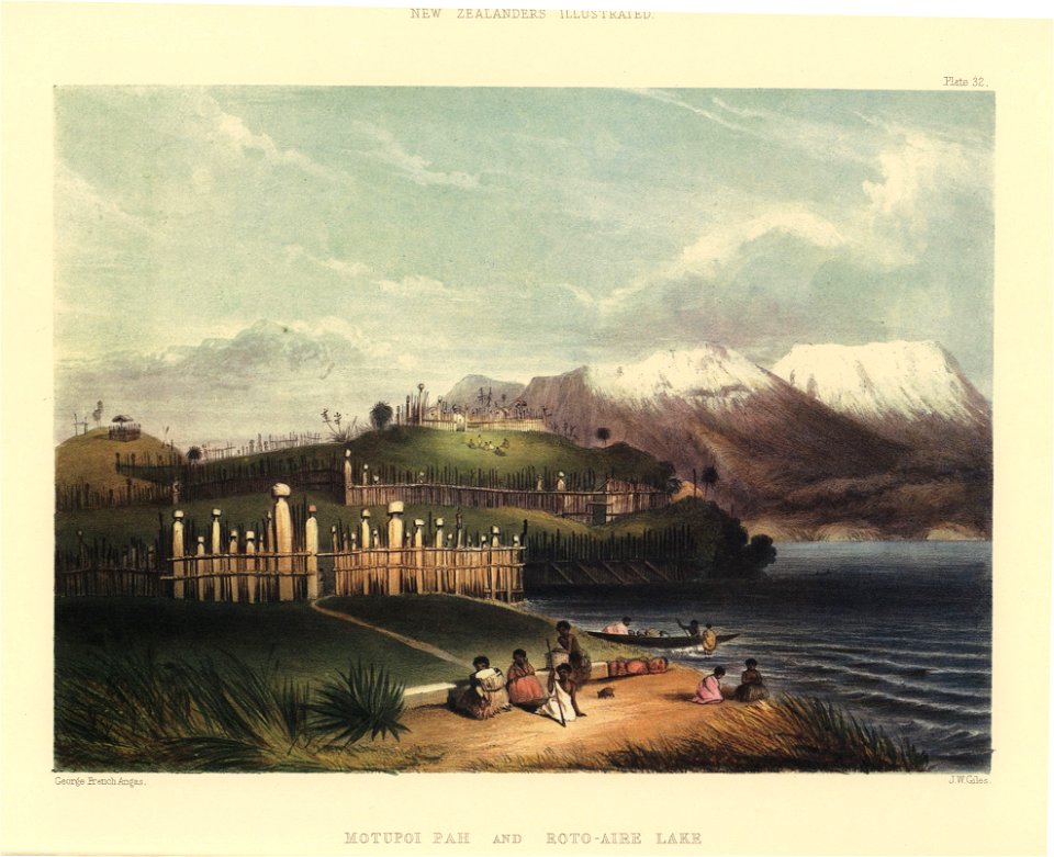 MOTUPOI PAH, WITH ROTO-AIRE LAKE. TONGARIRO IN THE DISTANCE, The New Zealanders Illustrated, 1847