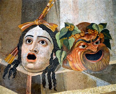Mosaic depicting theatrical masks of Tragedy and Comedy (Thermae Decianae). Free illustration for personal and commercial use.