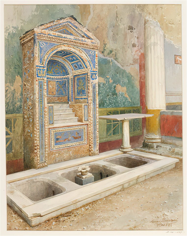 Mosaic fountain with three pools in Pompeii watercolor by Luigi Bazzani