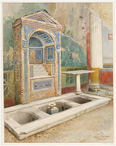 Mosaic fountain with three pools in Pompeii watercolor by Luigi Bazzani