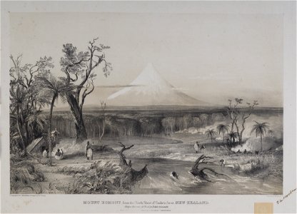 Mount Egmont, from the North Shore of Cooke’s Strait, New Zealand. Natives burning off wood for potato grounds, 1841 by Charles Heaphy (1820-1881) artist and Thomas Allom (1804-1872) lithographer