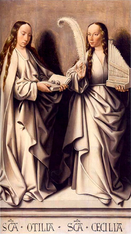 Master of Frankfurt, Two Saints, St. Odilia and St. Cecilia, ca. 1503–1506, oil on panel, 44 1-2 x 26 3-4 in., Historisches Museum, Frankfurt.