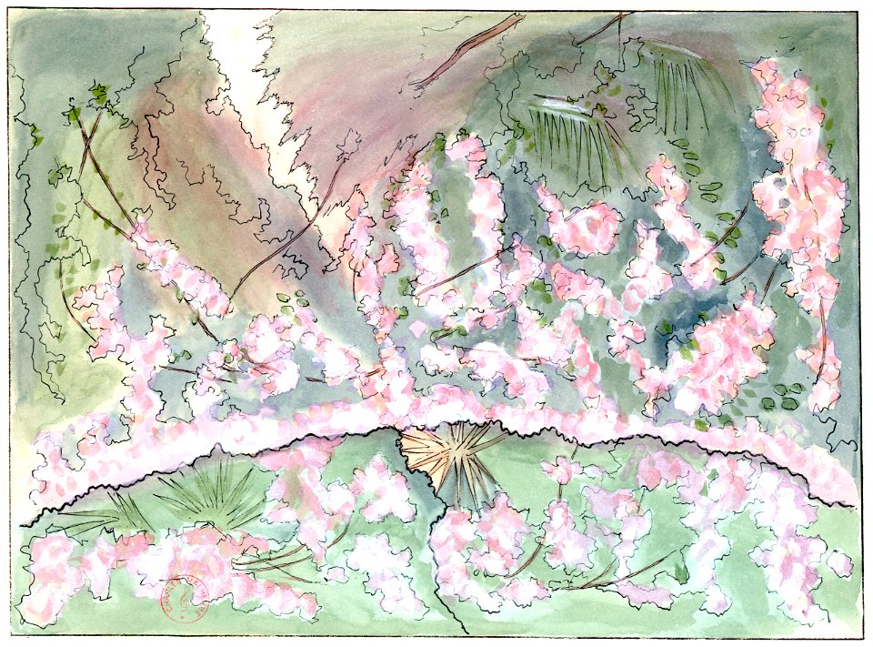 Massenet - Esclarmonde - Décor de Charles Bianchini - 2e acte, 1er tableau, Rideau de roses descendant - dessin de G. Stein, 1889 (c)