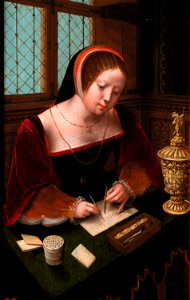 Master of the Female Half-Length - Lady writing at a desk. Free illustration for personal and commercial use.