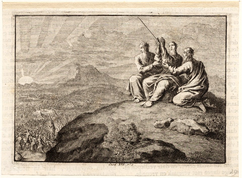 Mozes op de bergtop met Aäron en Hur tijdens de strijd tegen de Amalekiten, objectnr A 48713