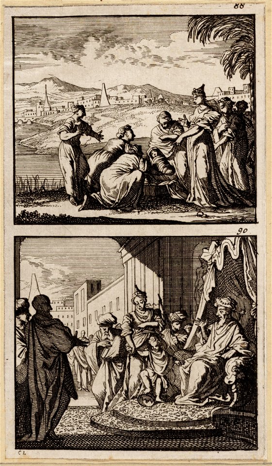 Mozes gevonden door de dochter van de farao, De kleine Mozes vertrapt de kroon van de koning op zijn troon, objectnr A 48134