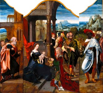 Meister der weiblichen Halbfiguren - Triptychon mit der Anbetung der Könige (Gemäldegalerie, Berlin). Free illustration for personal and commercial use.