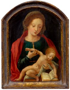 Master of the Female Half-Lengths - Madonna with the infant Jesus reading from a book. Free illustration for personal and commercial use.