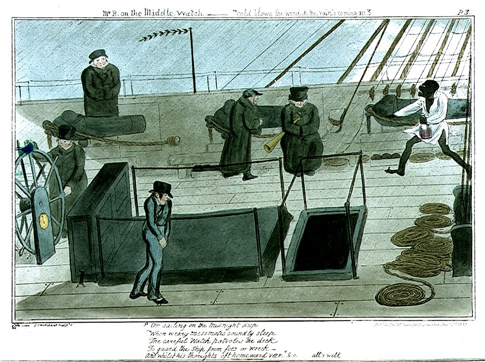 Mr B on the Middle Watch - cold blows the wind and the rain's coming on (caricature) RMG PU0162