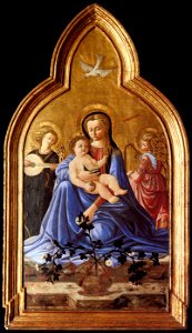Master Of The Castello Nativity - Madonna and Child with Two Angels (Madonna of Humility) - WGA14517. Free illustration for personal and commercial use.