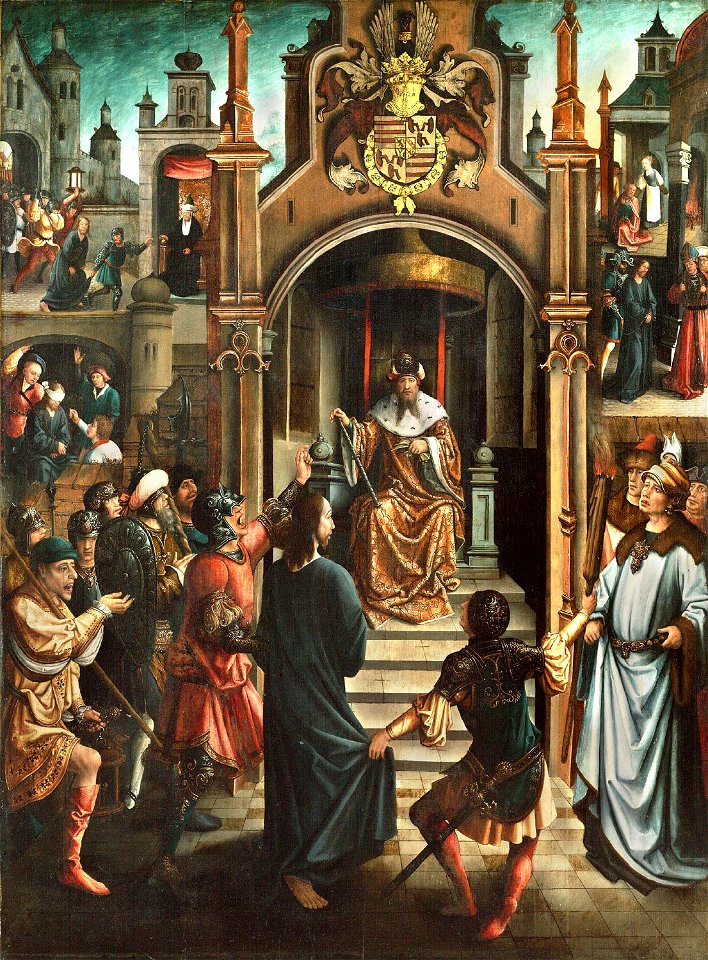 Master of the Beighem Altar - Christ before Pilate, with Christ Led to Annas, the Mocking of Christ, the Denial by Peter, and Christ before Caiaphas Cat362-pma