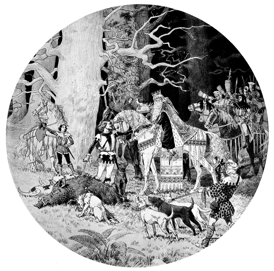 Massenet - Esclarmonde - Décor projeté 4 - Roland, le fier chevalier a déjà couché sur l'herbe le sanglier - estampe d'Eugène Grasset, 1889