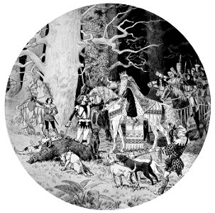 Massenet - Esclarmonde - Décor projeté 4 - Roland, le fier chevalier a déjà couché sur l'herbe le sanglier - estampe d'Eugène Grasset, 1889
