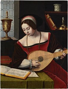 Master of the Female Half-Lengths - A lady playing a lute in an interior - Christies 2009. Free illustration for personal and commercial use.
