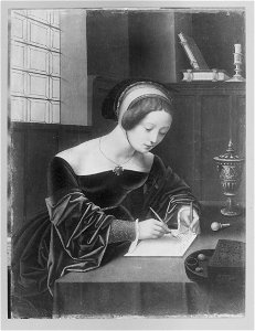 Master of the Female Half-Lengths - Mary Magdalene writing at her desk. Free illustration for personal and commercial use.